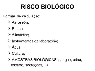 RISCO BIOLÓGICO
Formas de veiculação:
 Aerossóis;
 Poeira;
 Alimentos;
 Instrumentos de laboratório;
 Água;
 Cultura;
 AMOSTRAS BIOLÓGICAS (sangue, urina,
escarro, secreções,...).
 