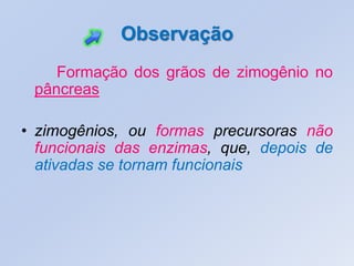 Observação
    Formação dos grãos de zimogênio no
 pâncreas

• zimogênios, ou formas precursoras não
  funcionais das enzimas, que, depois de
  ativadas se tornam funcionais
 