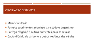 CIRCULAÇÃO SISTÊMICA
 Maior circulação
 Fornece suprimento sanguíneo para todo o organismo
 Carrega oxigênio e outros nutrientes para as células
 Capta dióxido de carbono e outros resíduos das células
 