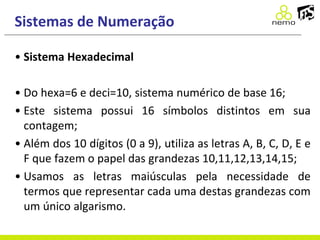 Sistemas de Numeração
• Sistema Hexadecimal
• Do hexa=6 e deci=10, sistema numérico de base 16;
• Este sistema possui 16 símbolos distintos em sua
contagem;
• Além dos 10 dígitos (0 a 9), utiliza as letras A, B, C, D, E e
F que fazem o papel das grandezas 10,11,12,13,14,15;
• Usamos as letras maiúsculas pela necessidade de
termos que representar cada uma destas grandezas com
um único algarismo.
 