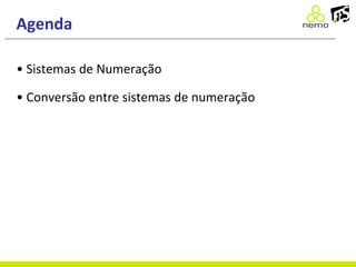 Agenda
• Sistemas de Numeração
• Conversão entre sistemas de numeração
 