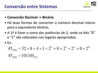 Conversão entre Sistemas
• Conversão Decimal -> Binário
• Há duas formas de converter o número decimal inteiro
para o equivalente binário;
• A 1ª é fazer a soma das potências de 2, onde os bits “0”
e “1” são colocados nos lugares apropriados:
• Ex:
 