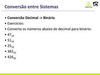 Conversão entre Sistemas
• Conversão Decimal -> Binário
• Exercícios:
• Converta os números abaixo de decimal para binário:
• 4710
• 5110
• 2510
• 38210
• 42610
 