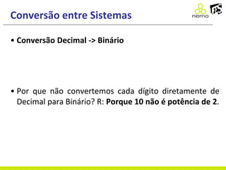 Conversão entre Sistemas
• Conversão Decimal -> Binário
• Por que não convertemos cada dígito diretamente de
Decimal para Binário? R: Porque 10 não é potência de 2.
 
