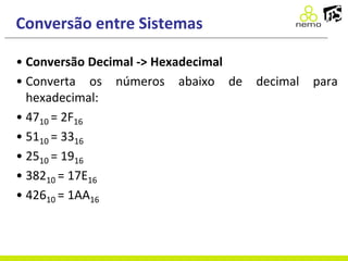 Conversão entre Sistemas
• Conversão Decimal -> Hexadecimal
• Converta os números abaixo de decimal para
hexadecimal:
• 4710 = 2F16
• 5110 = 3316
• 2510 = 1916
• 38210 = 17E16
• 42610 = 1AA16
 