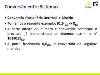 Conversão entre Sistemas
• Conversão fracionária Decimal -> Binário
• Tomemos o seguinte exemplo: 91,6(10) -> X(2)
• A parte inteira do número é convertida conforme o
processo já demonstrado e obtemos assim o n°
1011011(2).
• A parte fracionária 0,6(10) é convertida da seguinte
maneira:
 