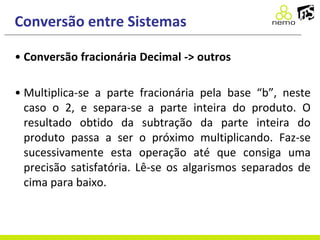 Conversão entre Sistemas
• Conversão fracionária Decimal -> outros
• Multiplica-se a parte fracionária pela base “b”, neste
caso o 2, e separa-se a parte inteira do produto. O
resultado obtido da subtração da parte inteira do
produto passa a ser o próximo multiplicando. Faz-se
sucessivamente esta operação até que consiga uma
precisão satisfatória. Lê-se os algarismos separados de
cima para baixo.
 
