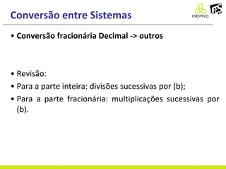 Conversão entre Sistemas
• Conversão fracionária Decimal -> outros
• Revisão:
• Para a parte inteira: divisões sucessivas por (b);
• Para a parte fracionária: multiplicações sucessivas por
(b).
 