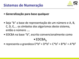 Sistemas de Numeração
• Generalização para base qualquer
• Seja “b” a base de representação de um número e A, B,
C, D, E,... os símbolos dos algarismos deste sistema,
então o número ....
• EDCBA na base “b”, escrito convencionalmente como
•EDCBAb
• representa a grandeza E*b4 + D*b3 + C*b2 + B*b1 + A*b0
 