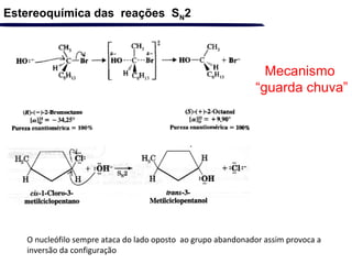 O nucleófilo sempre ataca do lado oposto ao grupo abandonador assim provoca a
inversão da configuração
Estereoquímica das reações SN2
Mecanismo
“guarda chuva”
 