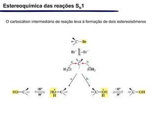 O carbocátion intermediário de reação leva à formação de dois estereoisômeros
Estereoquímica das reações SN1
 