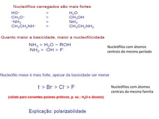 Nucleófilos com átomos
centrais do mesmo período
Nucleófilos com átomos
centrais da mesma familia
 