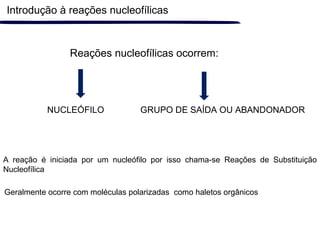 Introdução à reações nucleofílicas
Reações nucleofílicas ocorrem:
NUCLEÓFILO GRUPO DE SAÍDA OU ABANDONADOR
A reação é iniciada por um nucleófilo por isso chama-se Reações de Substituição
Nucleofílica
Geralmente ocorre com moléculas polarizadas como haletos orgânicos
 