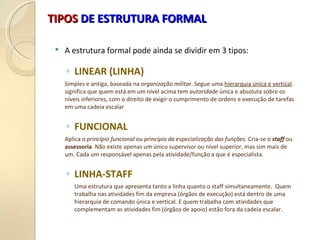  A estrutura formal pode ainda se dividir em 3 tipos:
◦ LINEAR (LINHA)
Simples e antiga, baseada na organização militar. Segue uma hierarquia única e vertical.
significa que quem está em um nível acima tem autoridade única e absoluta sobre os
níveis inferiores, com o direito de exigir o cumprimento de ordens e execução de tarefas
em uma cadeia escalar
◦ FUNCIONAL
Aplica o princípio funcional ou princípio da especialização das funções. Cria-se o staff ou
assessoria. Não existe apenas um único supervisor ou nível superior, mas sim mais de
um. Cada um responsável apenas pela atividade/função a que é especialista.
◦ LINHA-STAFF
Uma estrutura que apresenta tanto a linha quanto o staff simultaneamente. Quem
trabalha nas atividades fim da empresa (órgãos de execução) está dentro de uma
hierarquia de comando única e vertical. E quem trabalha com atividades que
complementam as atividades fim (órgãos de apoio) estão fora da cadeia escalar.
TIPOS
TIPOS DE ESTRUTURA FORMAL
DE ESTRUTURA FORMAL
 