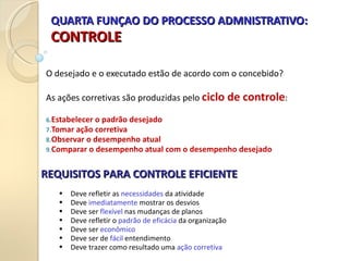 QUARTA FUNÇAO DO PROCESSO ADMNISTRATIVO:
QUARTA FUNÇAO DO PROCESSO ADMNISTRATIVO:
CONTROLE
CONTROLE
O desejado e o executado estão de acordo com o concebido?
As ações corretivas são produzidas pelo ciclo de controle:
6.Estabelecer o padrão desejado
7.Tomar ação corretiva
8.Observar o desempenho atual
9.Comparar o desempenho atual com o desempenho desejado
REQUISITOS PARA CONTROLE EFICIENTE
REQUISITOS PARA CONTROLE EFICIENTE
• Deve refletir as necessidades da atividade
• Deve imediatamente mostrar os desvios
• Deve ser flexível nas mudanças de planos
• Deve refletir o padrão de eficácia da organização
• Deve ser econômico
• Deve ser de fácil entendimento
• Deve trazer como resultado uma ação corretiva
 