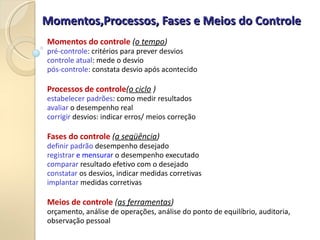 Momentos,Processos, Fases e Meios do Controle
Momentos,Processos, Fases e Meios do Controle
Momentos do controle (o tempo)
pré-controle: critérios para prever desvios
controle atual: mede o desvio
pós-controle: constata desvio após acontecido
Processos de controle(o ciclo )
estabelecer padrões: como medir resultados
avaliar o desempenho real
corrigir desvios: indicar erros/ meios correção
Fases do controle (a seqüência)
definir padrão desempenho desejado
registrar e mensurar o desempenho executado
comparar resultado efetivo com o desejado
constatar os desvios, indicar medidas corretivas
implantar medidas corretivas
Meios de controle (as ferramentas)
orçamento, análise de operações, análise do ponto de equilíbrio, auditoria,
observação pessoal
 