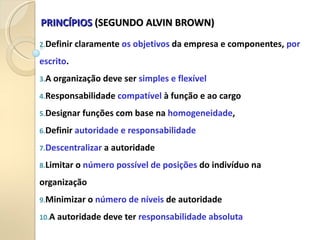 PRINCÍPIOS
PRINCÍPIOS (SEGUNDO ALVIN BROWN)
(SEGUNDO ALVIN BROWN)
2.Definir claramente os objetivos da empresa e componentes, por
escrito.
3.A organização deve ser simples e flexível
4.Responsabilidade compatível à função e ao cargo
5.Designar funções com base na homogeneidade,
6.Definir autoridade e responsabilidade
7.Descentralizar a autoridade
8.Limitar o número possível de posições do indivíduo na
organização
9.Minimizar o número de níveis de autoridade
10.A autoridade deve ter responsabilidade absoluta
 