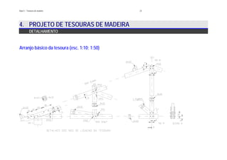 Aula 5 – Tesouras de madeira 23
4. PROJETO DE TESOURAS DE MADEIRA
DETALHAMENTO
Arranjo básico da tesoura (esc. 1:10; 1:50)
 