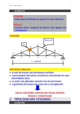 Aula 5 – Tesouras de madeira 3
DEFINIÇÕES
TESOURA
treliça plana destinada ao suporte de uma cobertura
TRELIÇA
estrutura linear composta de barras retas ligadas por
articulações
TESOURA
L – vão livre
1197
12
10
6
8
Barra 6-8
1 1
4
nó
53
2
HIPÓTESES BÁSICAS
os nós da tesoura são articulações perfeitas•
•
•
•
o peso próprio das barras encontra-se concentrado em suas
extremidades (nós)
as ações são aplicadas somente nos nós da tesoura
a geometria da tesoura não varia com o carregamento
barras solicitadas somente por forças normais
(tração e compressão)
2. TIPOLOGIA DAS TESOURAS
GEOMETRIA
 
