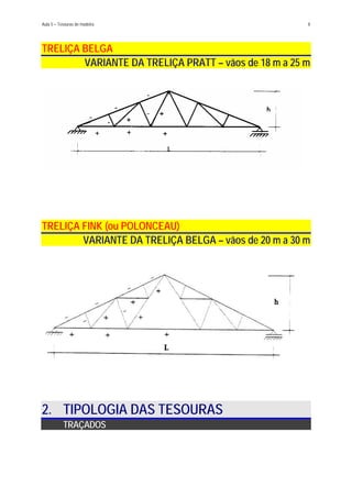 Aula 5 – Tesouras de madeira 8
TRELIÇA BELGA
VARIANTE DA TRELIÇA PRATT – vãos de 18 m a 25 m
TRELIÇA FINK (ou POLONCEAU)
VARIANTE DA TRELIÇA BELGA – vãos de 20 m a 30 m
2. TIPOLOGIA DAS TESOURAS
TRAÇADOS
 