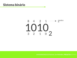 Sistema binário




                  8   4      2      1              2índice


              10102
                  3   2      1      0




                          UNIVERSIDADE ESTADUAL DA PARAÍBA | PROJETOHERMES
 