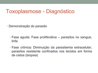 Toxoplasmose - Diagnóstico
• Demonstração do parasito
• Fase aguda: Fase proliferativa – parasitos no sangue,
linfa
• Fase crônica: Diminuição da parasitemia extracelular,
parasitos resistente confinados nos tecidos em forma
de cistos (biopsia)
 