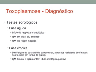 Toxoplasmose - Diagnóstico
• Testes sorológicos
• Fase aguda
• Início da resposta imunológica
• IgM em alta / IgG subindo
• IgM no recém-nascido
• Fase crônica
• Diminuição da parasitemia extracelular, parasitos resistente confinados
nos tecidos em forma de cistos.
• IgM diminui e IgG mantém título sorológico positivo
 
