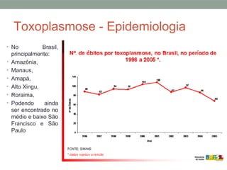 Toxoplasmose - Epidemiologia
• No Brasil,
principalmente:
• Amazônia,
• Manaus,
• Amapá,
• Alto Xingu,
• Roraima,
• Podendo ainda
ser encontrado no
médio e baixo São
Francisco e São
Paulo
 