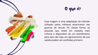 Essa triagem é uma adaptação do método
utilizado pelos militares americanos nas
guerras do século XX. Dessa forma, as
pessoas que estão em estados mais
críticos e dependem de um atendimento
para que não haja um agravamento de sua
saúde podem ser acolhidas primeiro.
O que é?
 