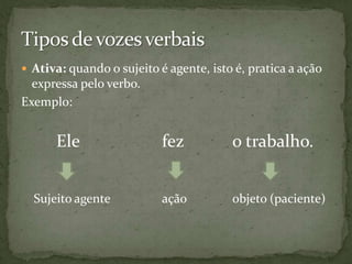  Ativa: quando o sujeito é agente, isto é, pratica a ação
  expressa pelo verbo.
Exemplo:


      Ele                  fez          o trabalho.


  Sujeito agente           ação         objeto (paciente)
 