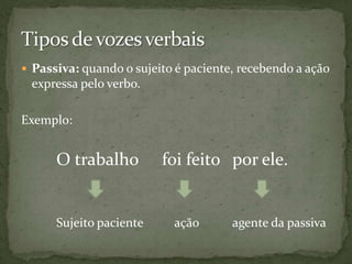  Passiva: quando o sujeito é paciente, recebendo a ação
 expressa pelo verbo.

Exemplo:


      O trabalho         foi feito por ele.


      Sujeito paciente     ação       agente da passiva
 