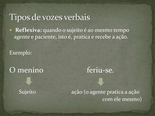  Reflexiva: quando o sujeito é ao mesmo tempo
 agente e paciente, isto é, pratica e recebe a ação.

Exemplo:


O menino                         feriu-se.

   Sujeito                ação (o agente pratica a ação
                                       com ele mesmo)
 