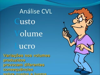 Análise CVL 
Custo 
Volume 
Lucro 
Variações nnooss vvoolluummeess 
pprroodduuzziiddooss 
pprroovvooccaamm ddiiffeerreenntteess 
ccoonnsseeqquuêênncciiaass 
ssoobbrree ccuussttooss ee lluuccrrooss 
 