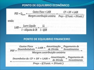 PONTO DE EQUILIBRIO ECONÔMICO 
PONTO DE EQUILIBRIO FINANCEIRO 
 