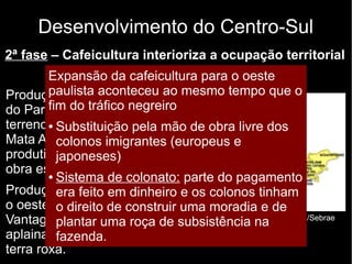 Desenvolvimento do Centro-Sul 
2ª fase – Cafeicultura interioriza a ocupação territorial 
Expansão Final do da século cafeicultura XIX e para início o do oeste 
XX 
paulista aconteceu ao mesmo tempo que o 
fim do tráfico negreiro 
Produção inicial no Vale 
do Paraíba. Dificuldades: 
terreno montanhoso, 
Mata Atlântica e baixa 
produtividade da mão de 
obra escrava. 
Produção se dirige para 
o oeste paulista. 
Vantagens: terreno 
aplainado e manchas de 
terra roxa. 
● Substituição pela mão de obra livre dos 
colonos imigrantes (europeus e 
japoneses) 
● Sistema de colonato: parte do pagamento 
era feito em dinheiro e os colonos tinham 
o direito de construir uma moradia e de 
plantar uma roça de subsistência na 
fazenda. 
http://antigo.sp.sebrae.com.br/Principal/Sebrae 
%20no%20estado/ 
 