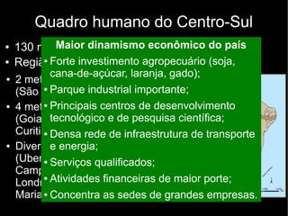 Quadro humano do Centro-Sul 
Maior dinamismo econômico do país 
● 130 milhões de habitantes (68% dos brasileiros) 
● Região mais urbanizada do país 
● Forte investimento agropecuário (soja, 
cana-de-açúcar, laranja, gado); 
● Parque industrial importante; 
● Principais centros de desenvolvimento 
tecnológico e de pesquisa científica; 
● Densa rede de infraestrutura de transporte 
e energia; 
● Serviços qualificados; 
● Atividades financeiras de maior porte; 
● Concentra as sedes de grandes empresas. 
● 2 metrópoles nacionais 
(São Paulo / Rio de Janeiro) 
● 4 metrópoles regionais 
(Goiania, Belo Horizonte, 
Curitiba e Porto Alegre) 
● Diversas capitais regionais 
(Uberlândia, Juiz de Fora, 
Campinas, Ribeirão Preto, 
Londrina, Blumenau, Santa 
Maria, Pelotas) 
 