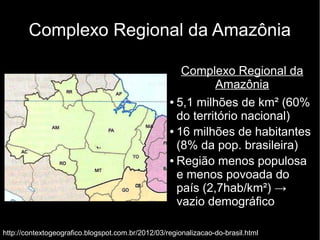 Complexo Regional da Amazônia 
Complexo Regional da 
Amazônia 
● 5,1 milhões de km² (60% 
do território nacional) 
● 16 milhões de habitantes 
(8% da pop. brasileira) 
● Região menos populosa 
e menos povoada do 
país (2,7hab/km²) → 
vazio demográfico 
http://contextogeografico.blogspot.com.br/2012/03/regionalizacao-do-brasil.html 
 