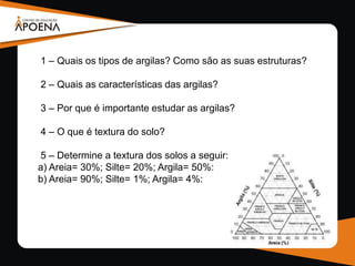 1 – Quais os tipos de argilas? Como são as suas estruturas?
2 – Quais as características das argilas?
3 – Por que é importante estudar as argilas?
4 – O que é textura do solo?
5 – Determine a textura dos solos a seguir:
a) Areia= 30%; Silte= 20%; Argila= 50%:
b) Areia= 90%; Silte= 1%; Argila= 4%:
 