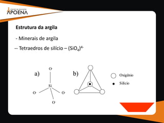 - Minerais de argila
-- Tetraedros de silício – (SiO4)4-
Si
O-
O- O-
O-
Oxigênio
Silício
a) b)
Si
O-
O- O-
O-
Si
O-
O- O-
O-
Oxigênio
Silício
Oxigênio
Silício
a) b)
Estrutura da argila
 