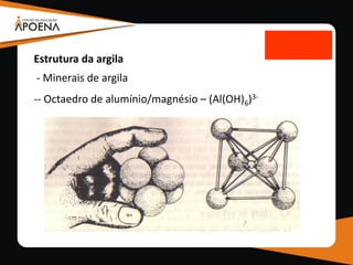 - Minerais de argila
-- Octaedro de alumínio/magnésio – (Al(OH)6)3-
Estrutura da argila
 