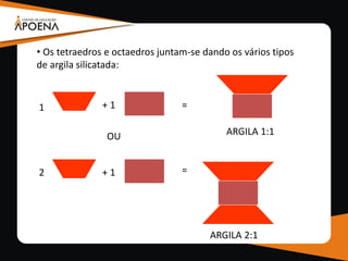 • Os tetraedros e octaedros juntam-se dando os vários tipos
de argila silicatada:
1 + 1
+ 12
=
=
ARGILA 1:1
ARGILA 2:1
OU
 