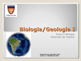 Biologia/Geologia I Tema II-Biologia Obtenção de matéria Magda Charrua 2010/2011 BG I turma CT - COLÉGIO DA LAPA 