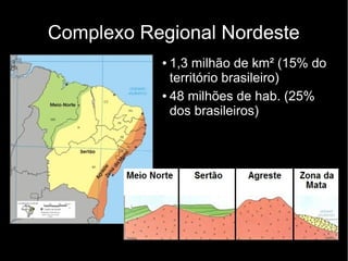 Complexo Regional Nordeste 
● 1,3 milhão de km² (15% do 
território brasileiro) 
● 48 milhões de hab. (25% 
dos brasileiros) 
 