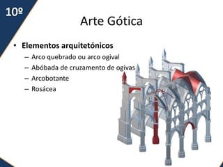 Arte Gótica
• Elementos arquitetónicos
  –   Arco quebrado ou arco ogival
  –   Abóbada de cruzamento de ogivas
  –   Arcobotante
  –   Rosácea
 