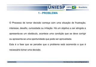 1 - PROBLEMA


  O Processo de tomar decisão começa com uma situação de frustração,

  interesse, desafio, curiosidade ou irritação. Há um objetivo a ser atingido e

  apresenta-se um obstáculo, acontece uma condição que se deve corrigir

  ou apresenta-se uma oportunidade que pode ser aproveitada.

  Esta é a fase que se percebe que o problema está ocorrendo e que é

  necessário tomar uma decisão.




ADMINISTRAÇÃO I                                         Prof. Marcos Cruz – mdccruz01@gmail.com
 
