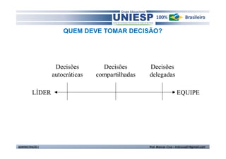 QUEM DEVE TOMAR DECISÃO?




                   Decisões        Decisões       Decisões
                  autocráticas   compartilhadas   delegadas

          LÍDER                                                     EQUIPE




ADMINISTRAÇÃO I                                   Prof. Marcos Cruz – mdccruz01@gmail.com
 