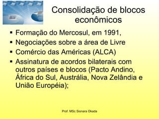 Consolidação de blocos econômicos Formação do Mercosul, em 1991, Negociações sobre a área de Livre Comércio das Américas (ALCA)  Assinatura de acordos bilaterais com outros países e blocos (Pacto Andino, África do Sul, Austrália, Nova Zelândia e União Européia); Prof. MSc Sionara Okada 
