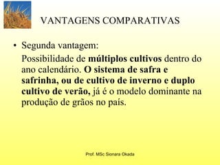 VANTAGENS COMPARATIVAS Segunda vantagem: Possibilidade de  múltiplos cultivos  dentro do ano calendário.  O sistema de safra e safrinha, ou de cultivo de inverno e duplo cultivo de verão,  já é o modelo dominante na produção de grãos no país.   Prof. MSc Sionara Okada 