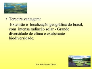 Terceira vantagem:   Extensão e  localização geográfica do brasil, com  intensa radiação solar - Grande diversidade de clima e exuberante biodiversidade.  Prof. MSc Sionara Okada 