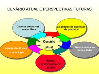 CENÁRIO ATUAL E PERSPECTIVAS FUTURAS Prof. MSc Sionara Okada Melhor Coordenação de cadeias Cadeias produtivas  competitivas Novos mercados China e India Exigências de qualidade  de produtos Cenário atual   Agregação de valor e   tecnologia 